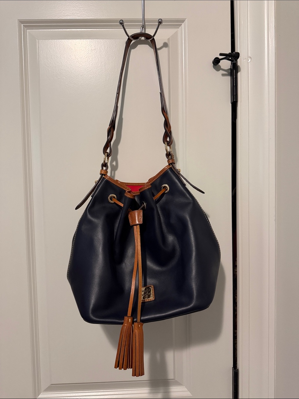 Dooney & Bourke Navy Leather Drawstring Hobo Bucket Bag Purse